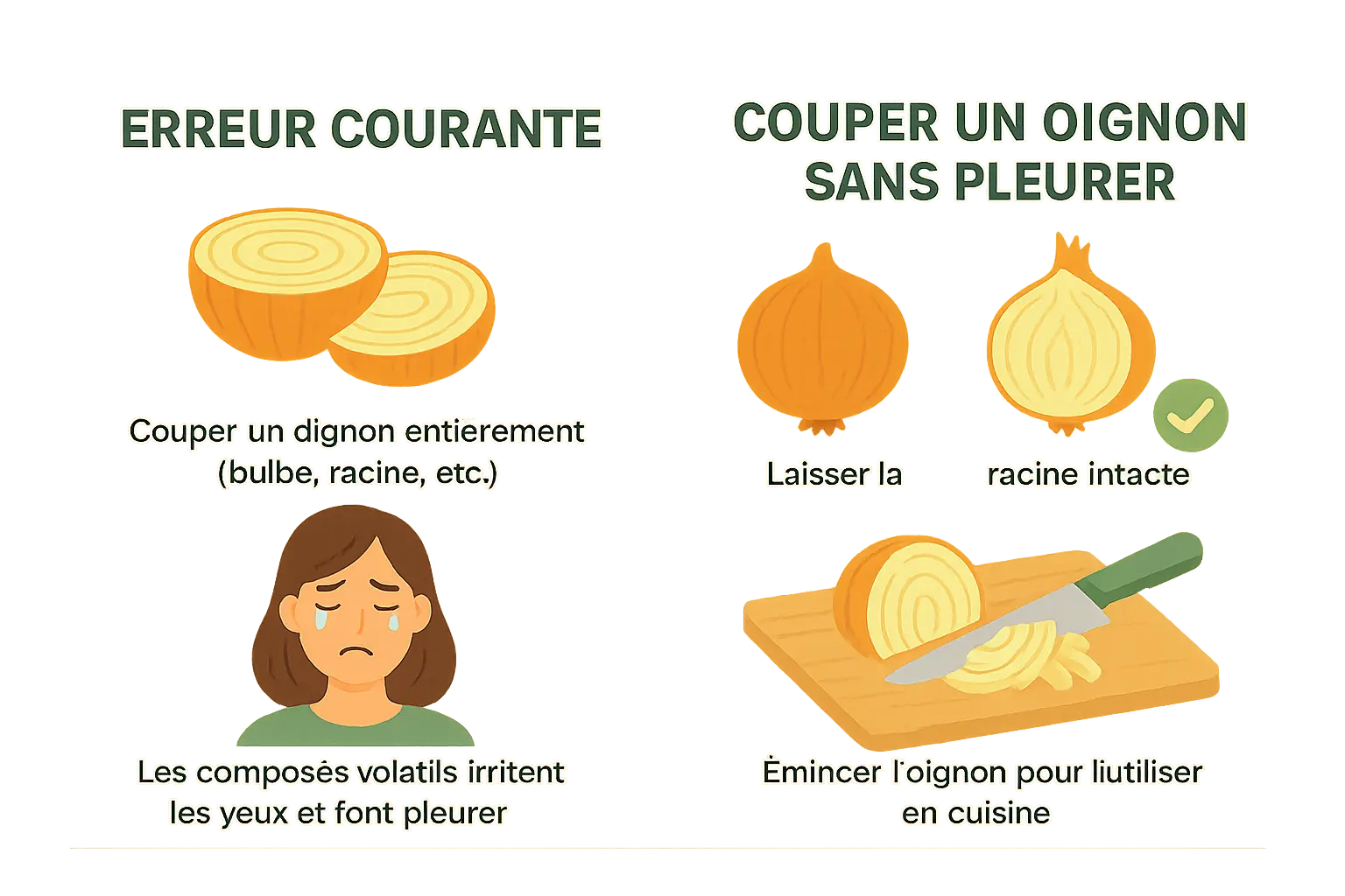 Erreur courante : couper la racine de l'oignon en premier, ce qui libère les gaz irritants.