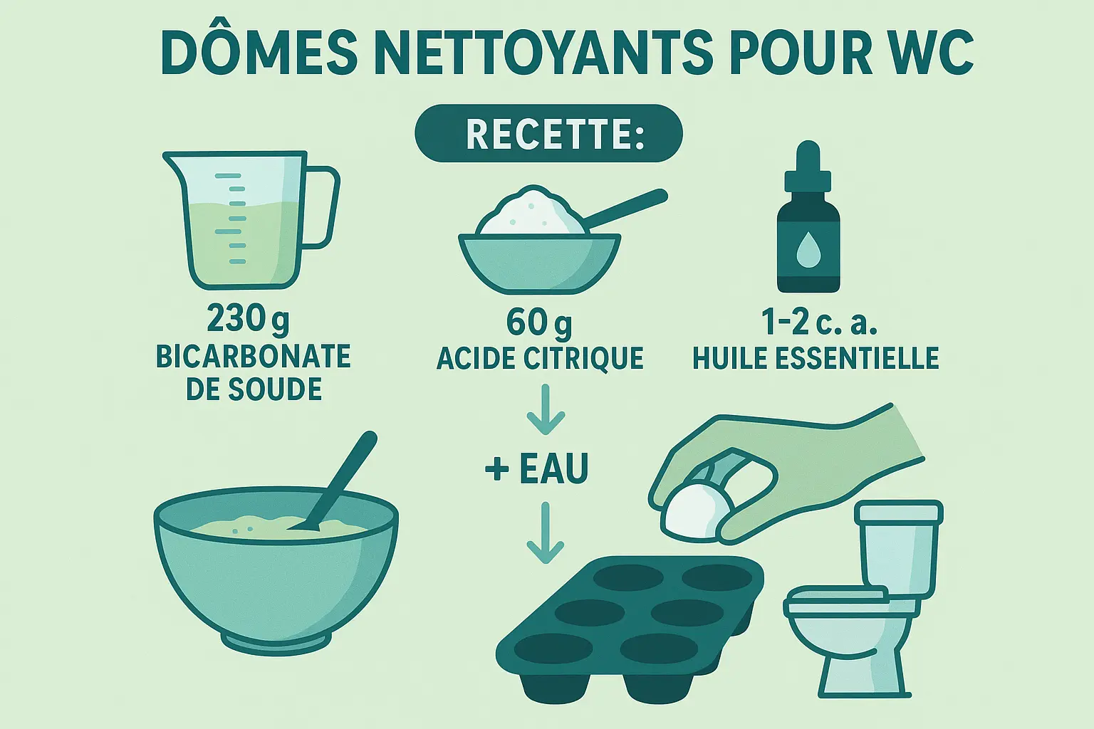 Dômes nettoyants naturels pour toilettes faits maison dans un bocal en verre