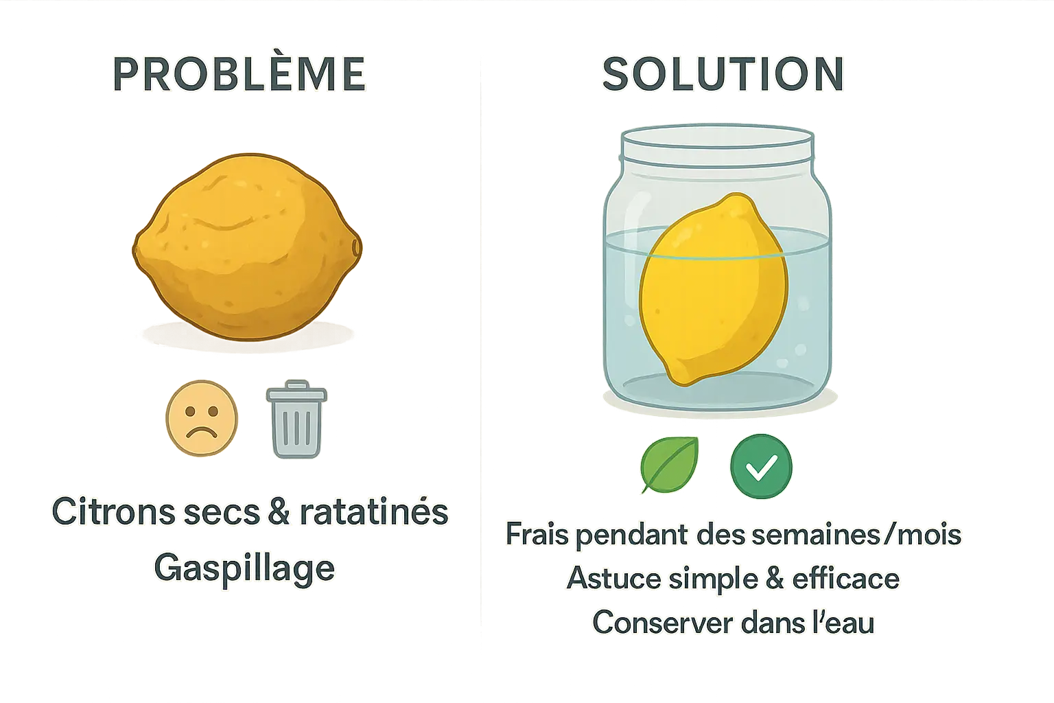 Infographie montrant la méthode pour conserver les citrons frais dans un bocal d'eau au réfrigérateur.