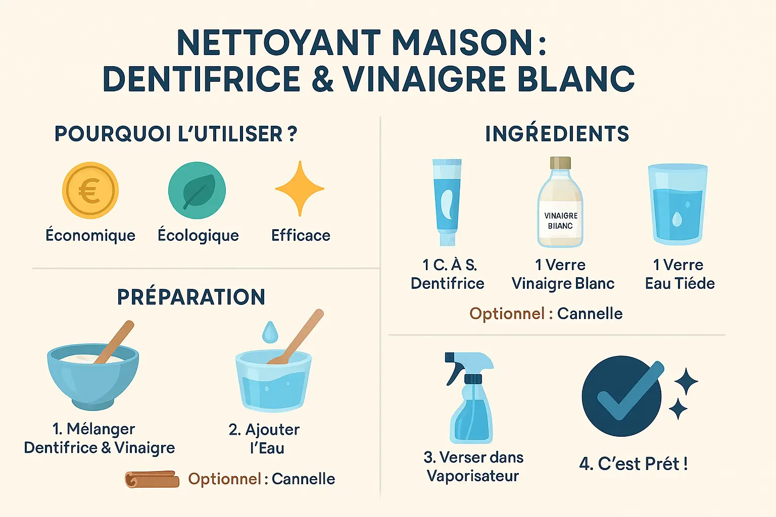 Préparation d'un nettoyant maison avec du dentifrice et du vinaigre blanc dans un vaporisateur.